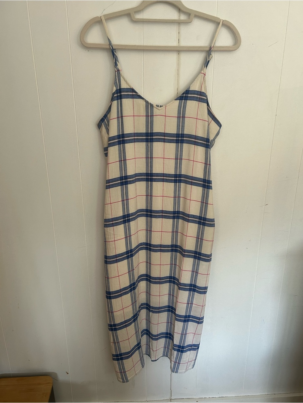 Old Navy Cream Plaid Maxi Dress with Blue and Red Trim